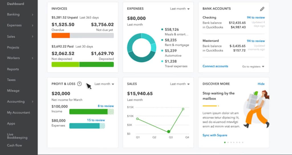 Screenshot of the dashboard of Quickbooks